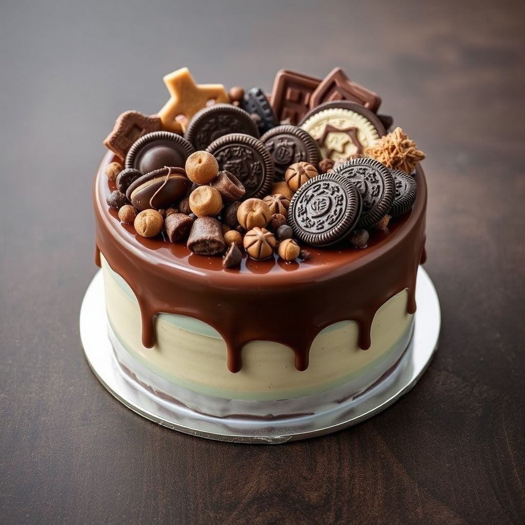 Un gâteau au chocolat décadent trône en pièce maîtresse, couronné d'une ganache brillante qui coule délicieusement sur les côtés, contrastant avec son glaçage blanc lisse en dessous. Orné d'un assortiment extravagant de garnitures, incluant des biscuits Oreo, des barres de chocolat et des motifs en chocolat finement décorés, la surface du gâteau est un véritable festin visuel, évoquant indulgence et célébration. Des ombres douces suggèrent un éclairage tamisé, sur un fond lavande délicat, mettant en valeur les détails vibrants et invitant à la douceur. La composition est joyeuse et abondante, créant une atmosphère luxueuse et tentante, promettant des saveurs délicieuses.