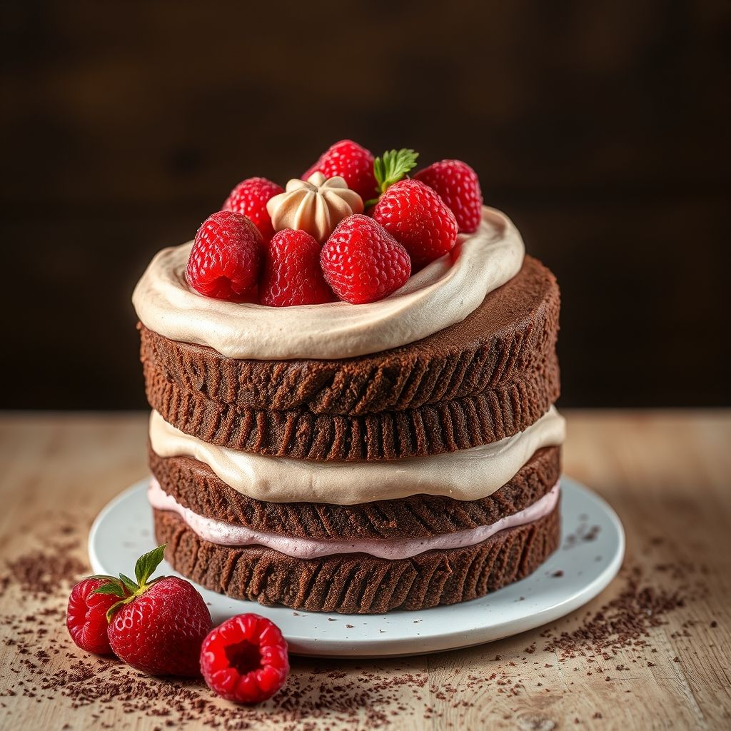Des couches décadentes de gâteau et mousse au chocolat prennent vie dans cette part délicieuse, surmontée d'une généreuse spirale de crème fouettée et de framboises fraîches. La base riche en cacao contraste magnifiquement avec les textures légères au-dessus, tandis que les framboises rouges vives ajoutent une touche acidulée et colorée. Une pluie de copeaux de chocolat complète l'ensemble, invitant à la gourmandise. Le cadre présente une couverture douce aux tons atténués, avec des touches de verdure en arrière-plan flouté, renforçant une ambiance cosy et accueillante. La composition rayonne de chaleur, parfaite pour une douceur en toute occasion.