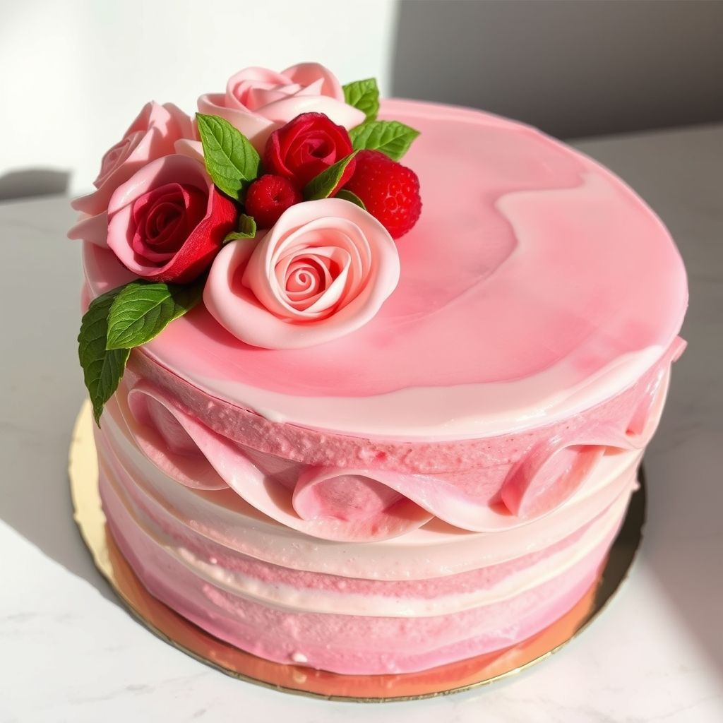 Les couches riches d'un gâteau dégradé rose séduisent par leur texture douce et veloutée, dévoilant trois teintes harmonieuses de rose, rehaussées par des volutes de glaçage clair et foncé. Une tranche parfaite a été soigneusement découpée, révélant les couches de gâteau à la fraise, entrelacées d'un glaçage blanc crémeux qui contraste élégamment avec les couleurs vives. Le décor sur le dessus présente des rosettes complexes et des accents perles, ajoutant une touche artistique à la présentation. Posé sur une assiette beige douce, le gâteau est accompagné d'un tissu rose pastel, créant une atmosphère chaleureuse et accueillante, idéale pour une occasion festive. L'image dégage une sensation sucrée et joyeuse, parfaite pour une réunion spéciale ou une gourmandise d'après-midi.