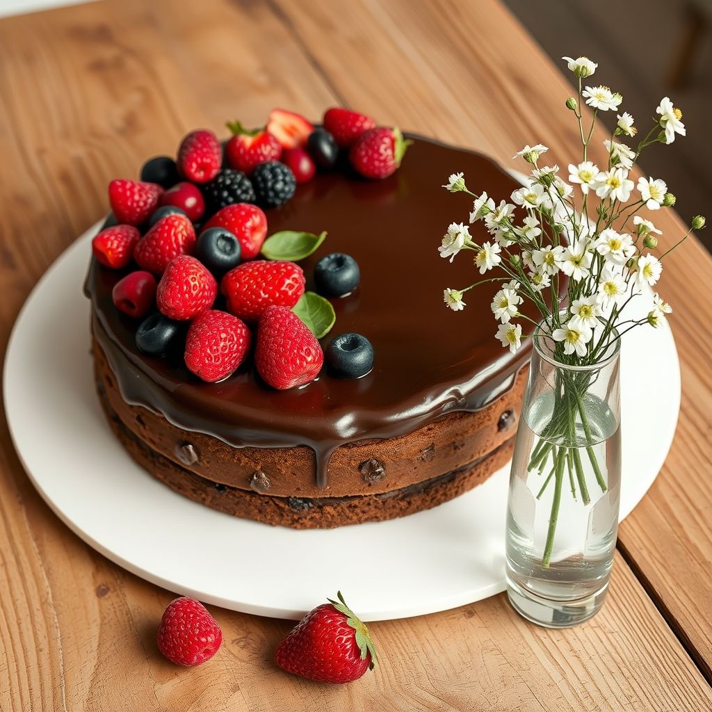Un délicieux gâteau au chocolat à trois couches, décoré d'un assortiment vibrant de baies fraîches, fraises, framboises, myrtilles et mûres, reposant sur un glaçage au chocolat crémeux. Le gâteau est posé sur une assiette blanche simple, élégamment placée sur une table en bois rustique qui ajoute une chaleur à l'ensemble. À proximité, un vase en verre transparent déborde de délicates fleurs blanches et de feuilles vertes, renforçant la fraîcheur printanière. Une tasse blanche, probablement remplie d'une boisson chaude, ajoute une touche conviviale, tandis qu'une lumière naturelle douce baigne la scène, évoquant une ambiance festive et gourmande.