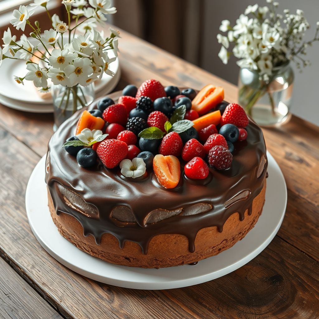 Un délicieux gâteau au chocolat à trois couches trône au centre, décoré d'un assortiment vibrant de baies fraîches, fraises, framboises, myrtilles et mûres, nichées sur un glaçage au chocolat crémeux. Le gâteau repose sur une assiette blanche simple, élégamment placé sur une table en bois rustique qui apporte chaleur à l'ensemble. À proximité, un vase en verre transparent déborde de délicates fleurs blanches et de feuilles vertes, renforçant la fraîcheur printanière de la scène. Une tasse blanche, probablement remplie d'une boisson chaude, ajoute une touche conviviale, tandis qu'une lumière naturelle douce baigne la scène, évoquant une ambiance de fête et de gourmandise.