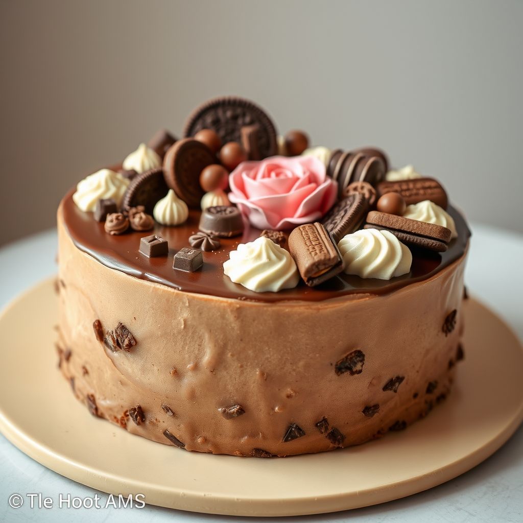Un gâteau au chocolat gourmand repose sur une assiette beige clair, sa ganache semi-sucrée coulant sur les côtés avec un effet brillant. Sur le dessus, un assortiment indulgent d'éléments chocolatés, incluant biscuits Oreo, barres de chocolat et motifs en chocolat finement décorés, offre un spectacle visuel de contrastes marron foncé et blanc crémeux. En arrière-plan, un doux rose pastel complète la présentation élégante, renforçant l'attrait du dessert. De petites pépites de chocolat et confiseries rondes parsèment la base, créant une scène festive et délicieuse.