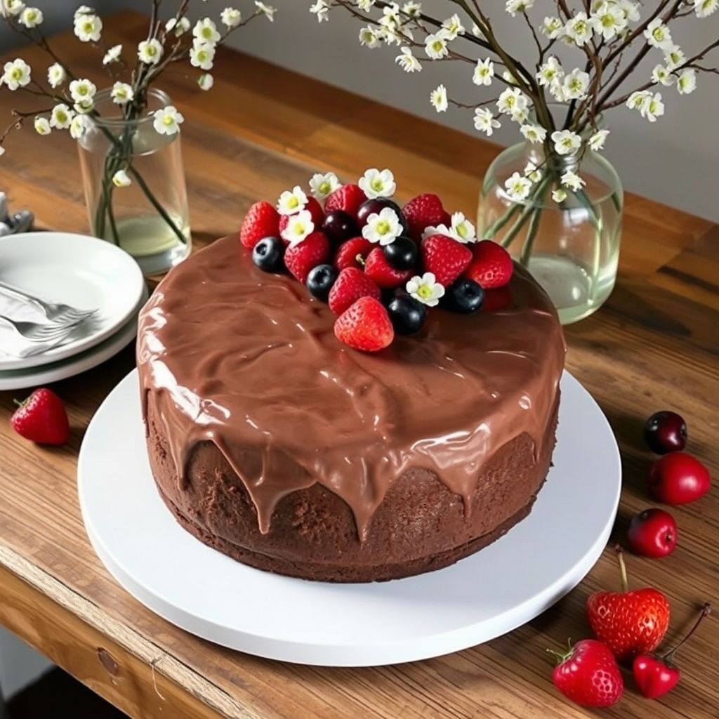 Un gâteau au chocolat décadent, généreusement recouvert d'un glaçage crémeux, dominé par un assortiment coloré de baies fraîches — fraises, myrtilles, framboises et mûres — apportant des touches vibrantes au marron profond du gâteau. Ce dessert gourmand est présenté sur une assiette blanche simple, posée sur une table en bois rustique qui souligne une ambiance chaleureuse et accueillante. À gauche, un vase en verre délicat contient des branches ornées de petites fleurs blanches et de feuilles vertes, complétant l'atmosphère festive évoquée par le gâteau. Une tasse blanche, probablement remplie d'une boisson chaude, invite à un moment de détente convivial. La composition et l'éclairage doux créent une ambiance sereine et joyeuse, idéale pour une réunion ou une occasion spéciale.