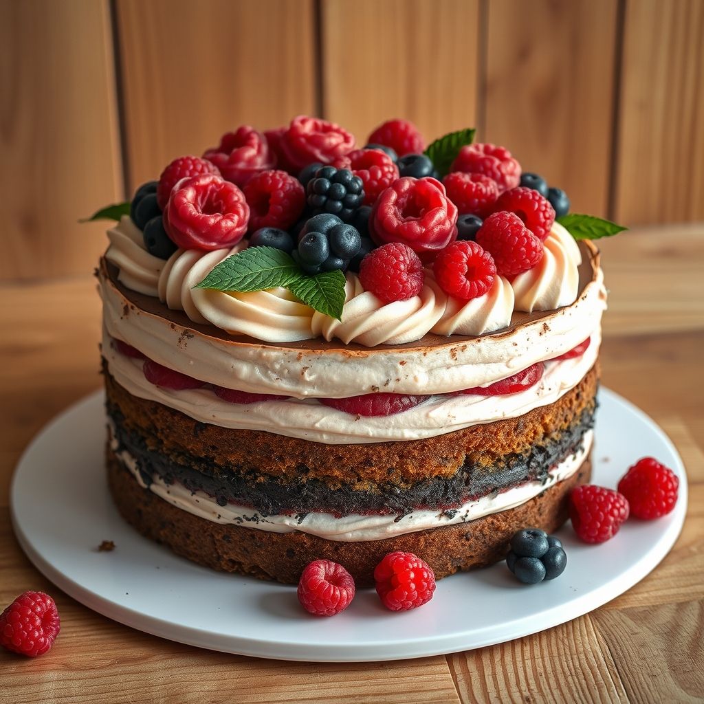 Des couches crémeuses forment un gâteau magnifiquement travaillé, mêlant chocolat riche, baies roses douces et crème fouettée légère, couronné de fraises, framboises et myrtilles fraîches. Une généreuse tranche a été découpée, révélant des strates colorées qui invitent à savourer un jeu de textures et saveurs. Le gâteau repose sur une assiette blanche simple, contrastant avec la surface chaude en bois en arrière-plan, suggérant un cadre cosy et accueillant. Une lumière naturelle douce met en valeur les couleurs vives et la brillance des fruits et de la crème, suggérant une délicieuse friandise parfaite pour les célébrations. L'ambiance générale est gourmande et douce, invitant à se régaler d'une part de ce dessert exquis.